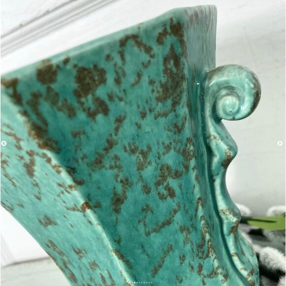 Vintage Rumrill 635 Vase Scrolls Green Teal Mottled Brown 1930s Art Deco Pottery - Picture 2 of 9